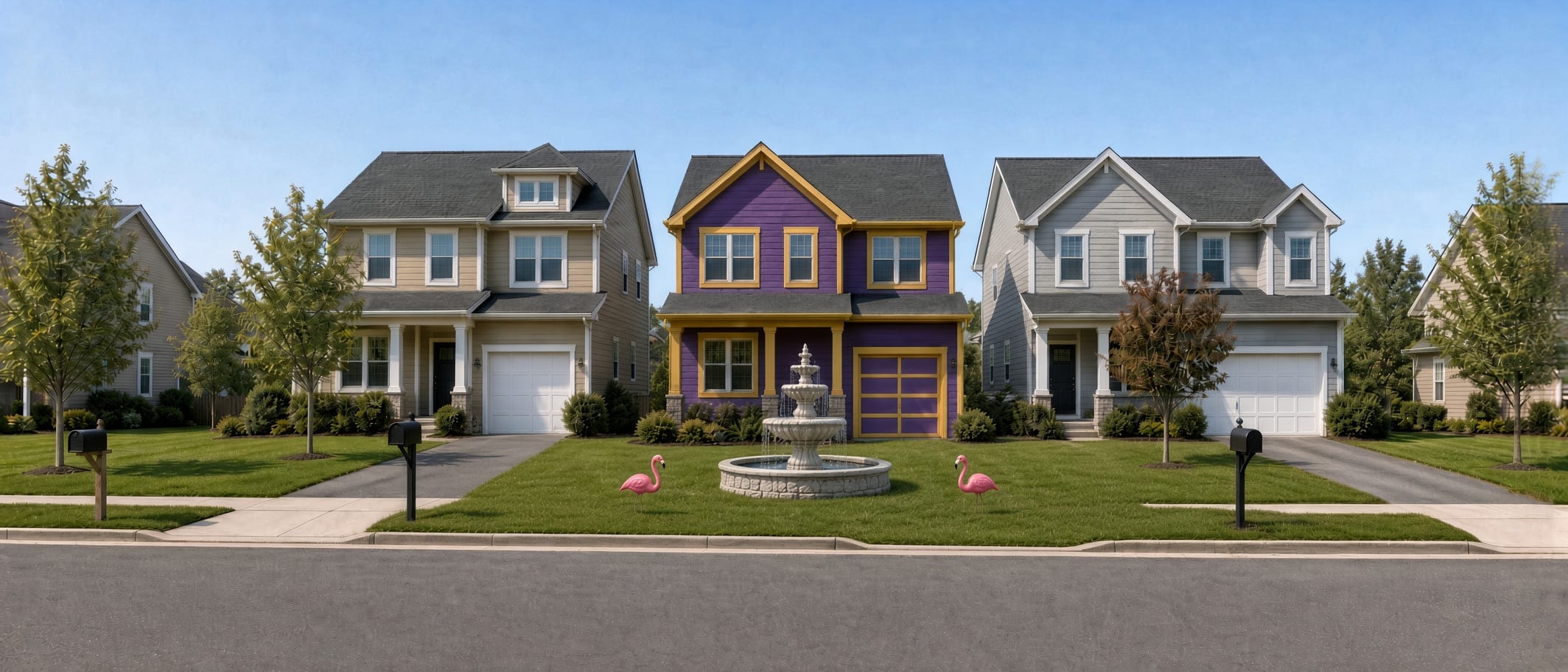 A suburban street of beige and grey houses with one painted purple and yellow