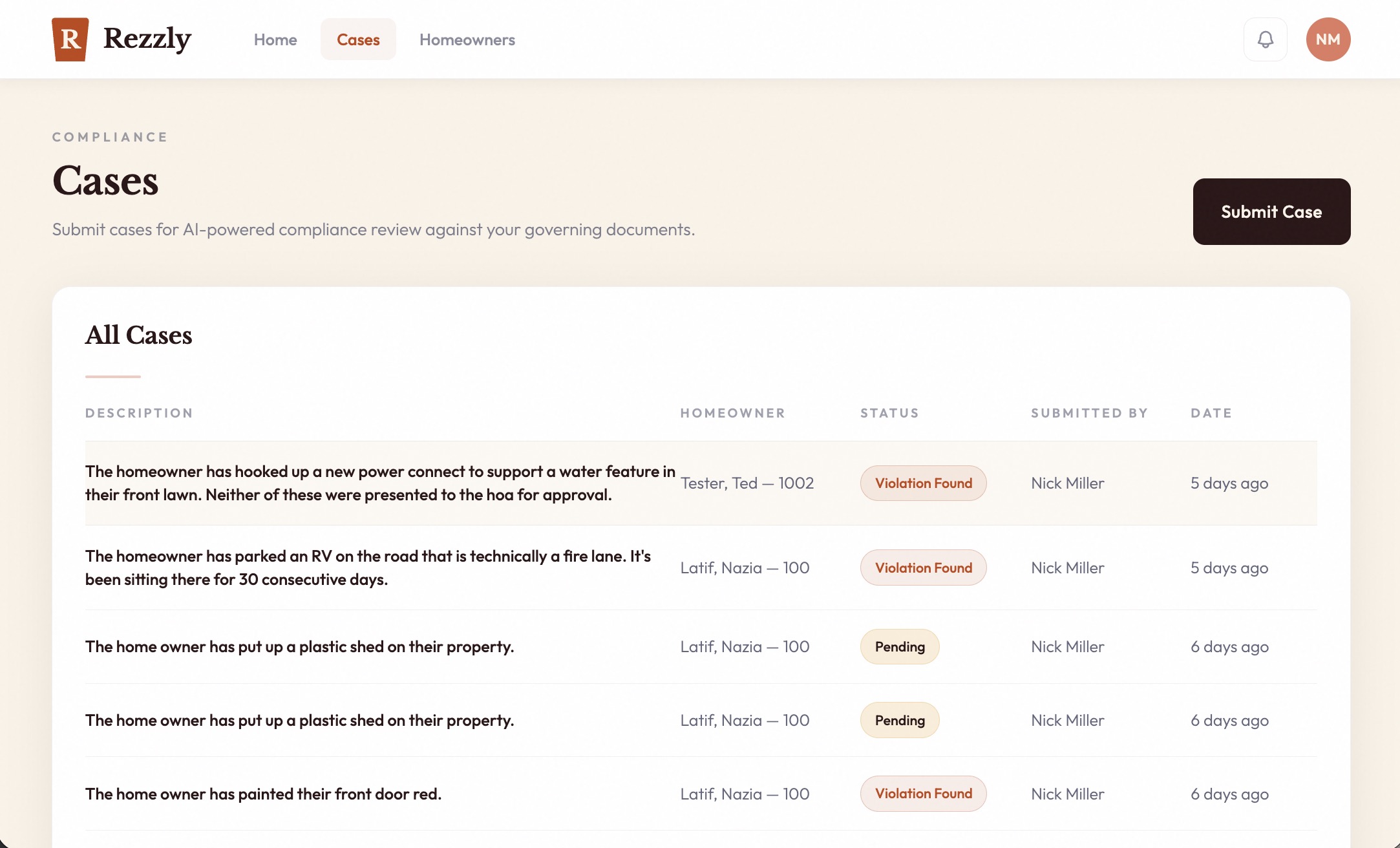Cases list showing all compliance cases with status and homeowner info