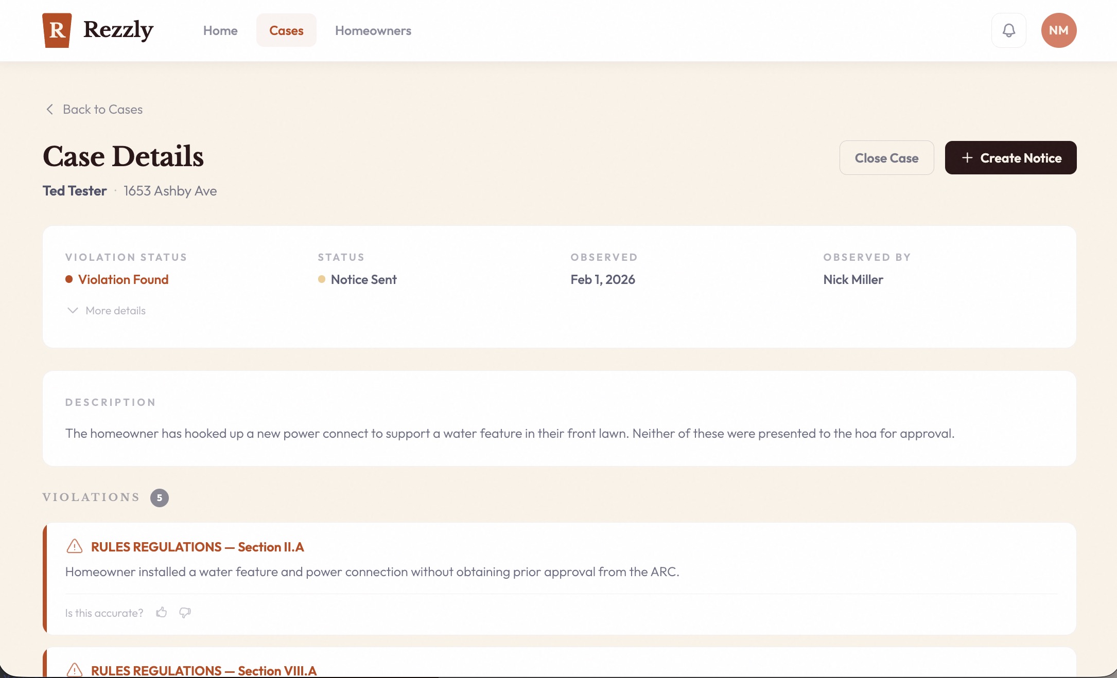 Case detail page showing AI-identified violations with governing document citations