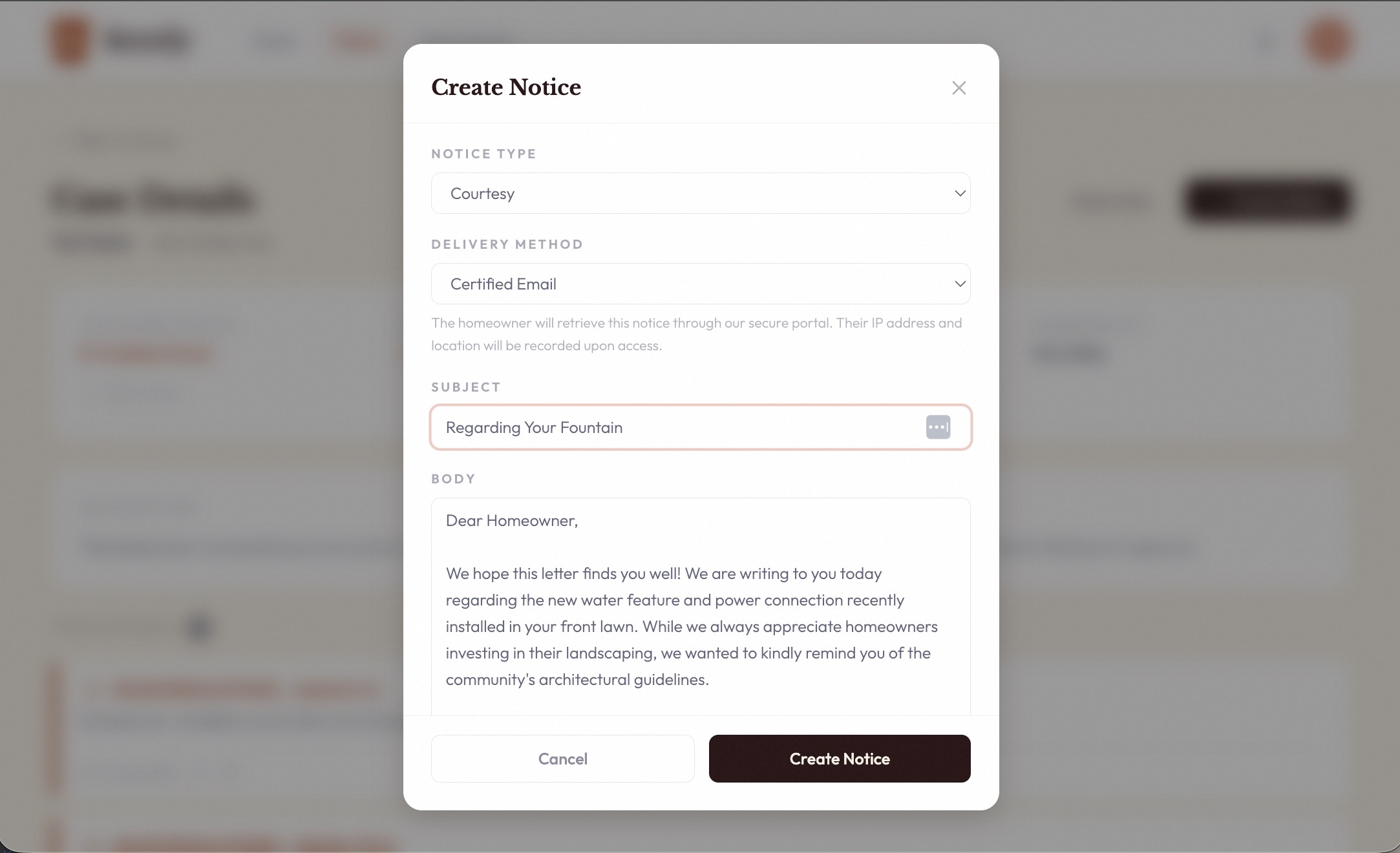 Create Notice modal with notice type, delivery method, and AI-generated content