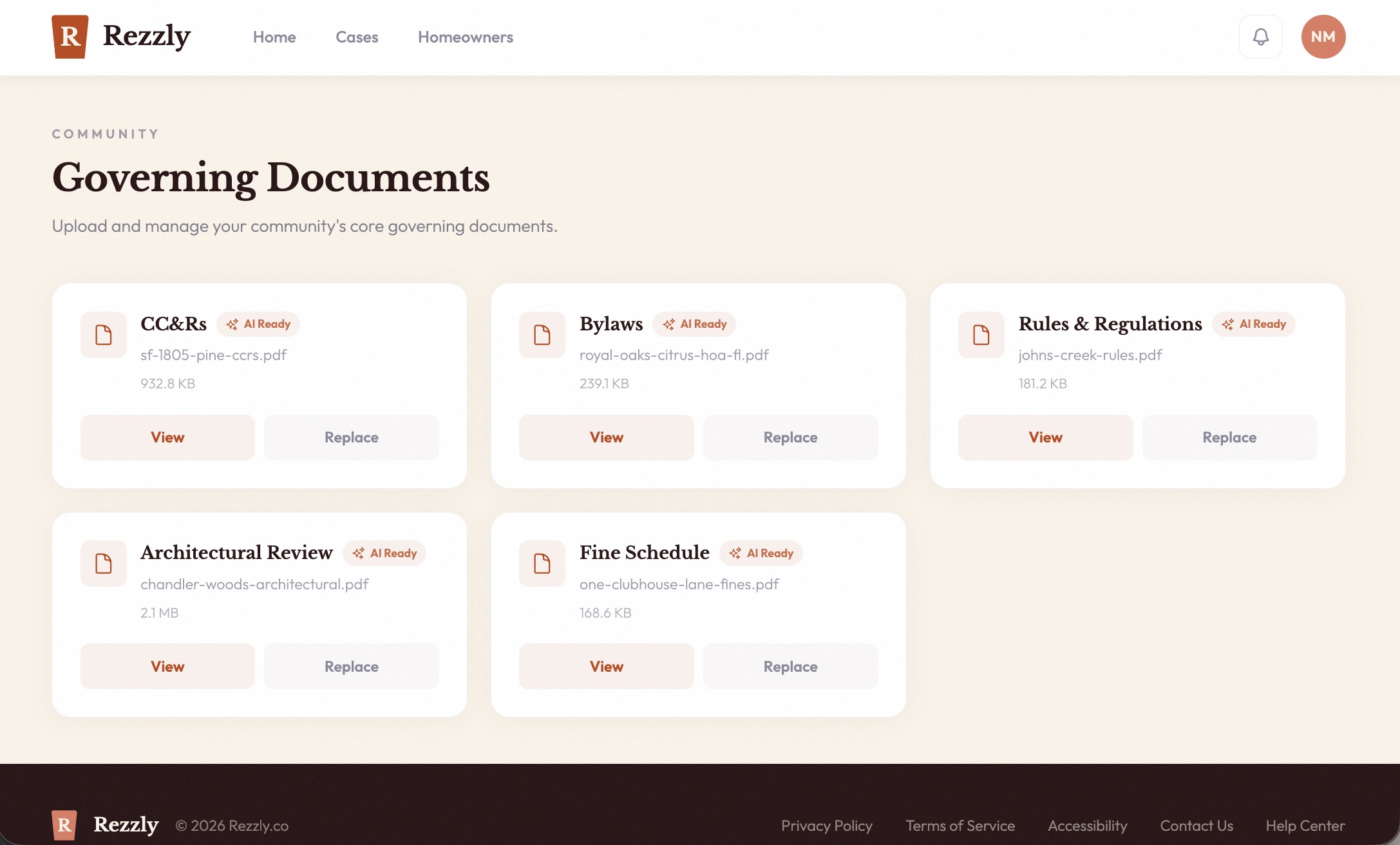 Governing documents page showing uploaded CC&Rs, bylaws, and rules with AI Ready status